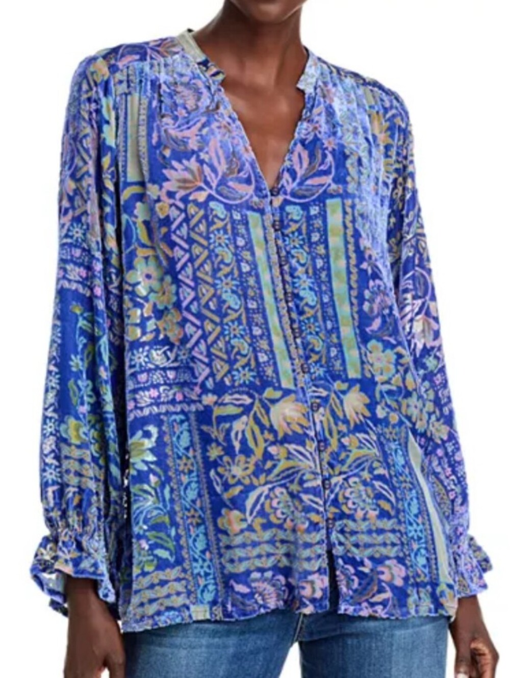 Johnny Was Silk Velvet Burnout Floral Patchwork Button-Down Blouse, NWOT Size XS